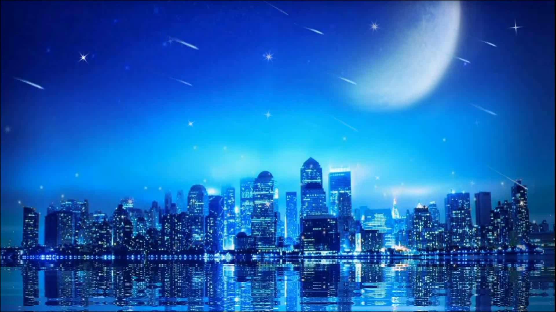 蓝色唯美月光流星雨城市夜景视频素材-92素材网