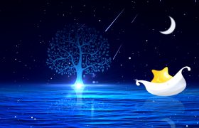 流星粒子演绎月亮小船波光水面飘动mov卡通梦幻视频背景