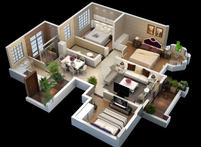 3室2厅1厨2卫欧式立体建筑房型c4d设计图模型含贴图
