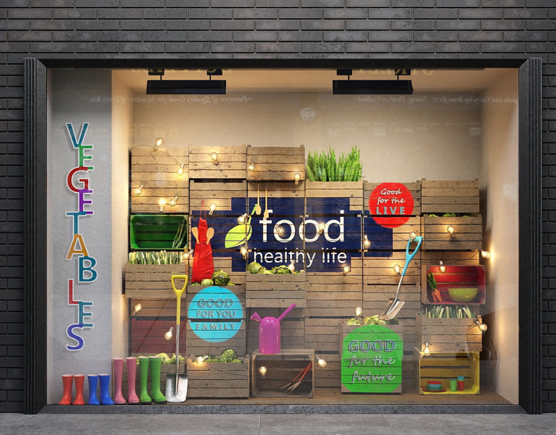 健康蔬菜水果店铺宣传healthy food创意性落地橱窗c4d