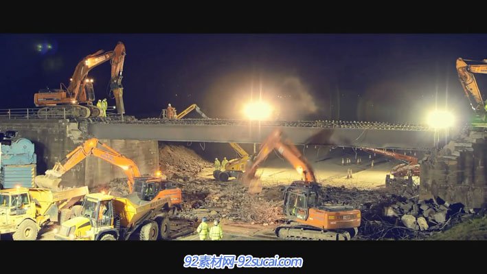 延时摄影 拆大桥全过程 建筑施工大型挖土机钻