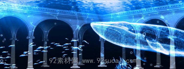 蓝色梦幻海洋下的宫殿柱子3d幻影鲸鱼游过海底世界全息视频素材