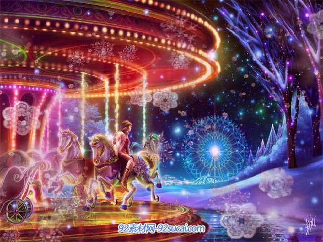 儿童卡通梦幻游乐场旋转木马摩天轮雪花纷飞圣诞节标清背景视频