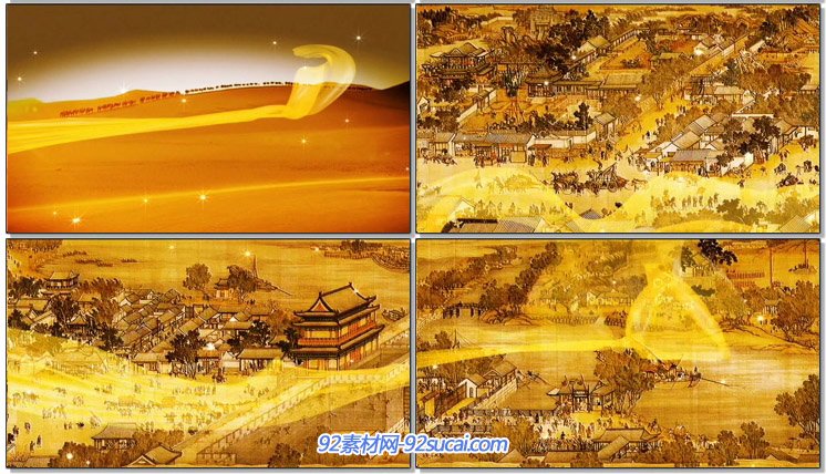 中国古代唐朝宫殿建筑 丝绸之路清明上河图飘带画轴打开动态视频
