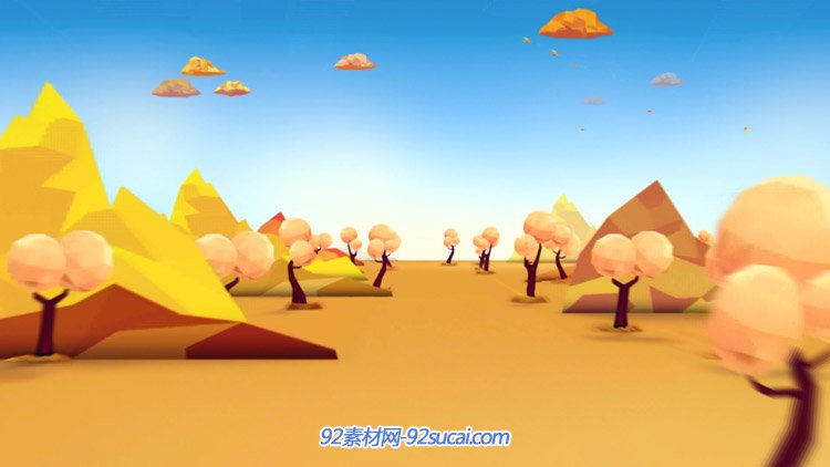 金黄色秋天的风景道路两旁的小树山坡儿童卡通动态背景视频素材