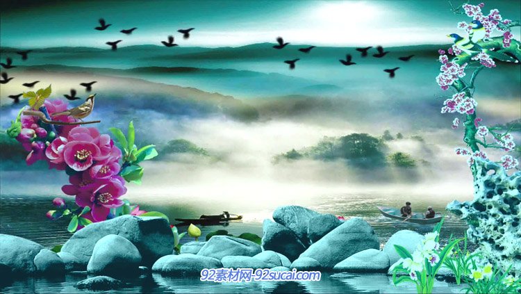鸟语花香唯美风景画 湖中游船小鸟叫声动态背景视频免费下载
