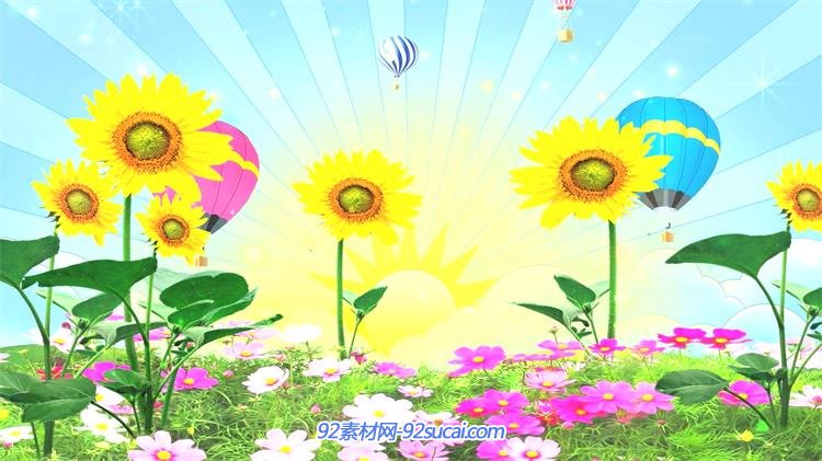 唯美趣味阳光向日葵花朵绽放缤纷色彩搭配热气球上升背景视频素材