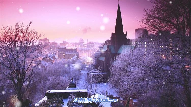 童真梦幻城市雪景雪粒循环落下浪漫温馨视觉效果背景视频素材