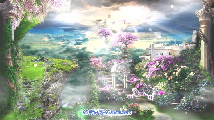 梦幻虚拟仙境场景世外桃源花草盛开蝴蝶飞舞唯美画面背景视频素材