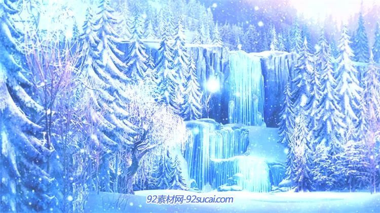 奇幻冰雪世界梦幻森林冰瀑布雪粒子飘浮唯美画面舞台背景视频素材