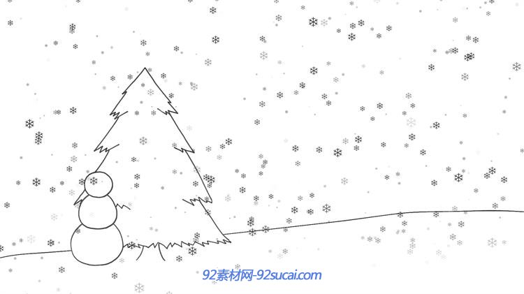 黑白卡通雪花飞舞圣诞树雪人场景儿童欢乐冬季场景动态背景视频素