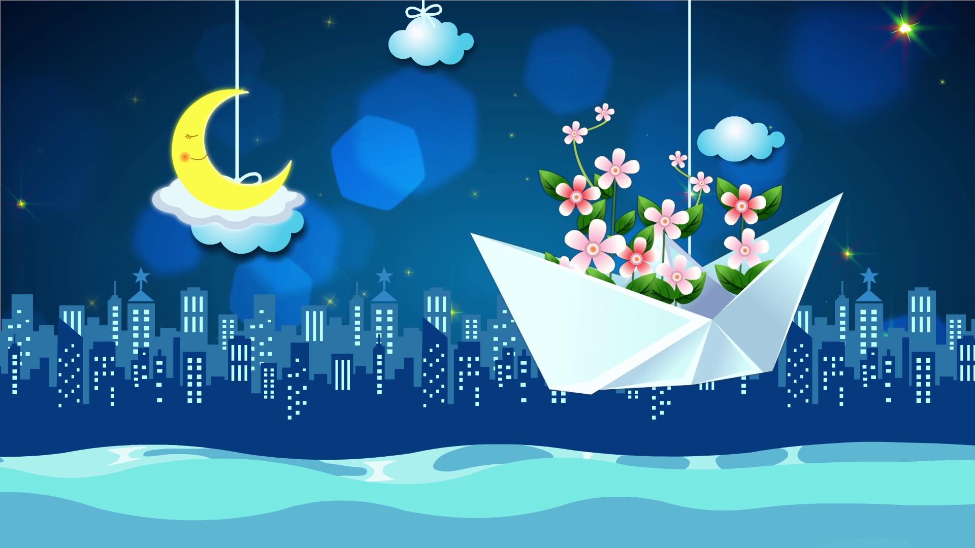 夜晚月亮纸船卡通动画背景视频素材
