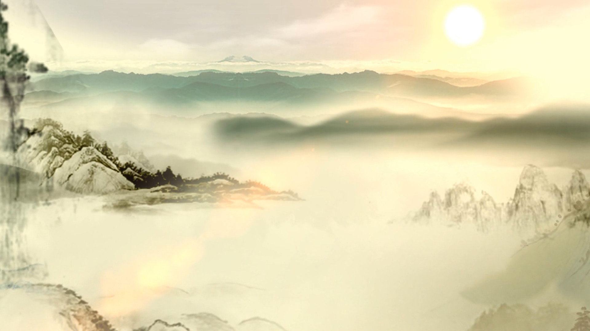 水墨画形式刻写出的日落西山古风视频素材参考