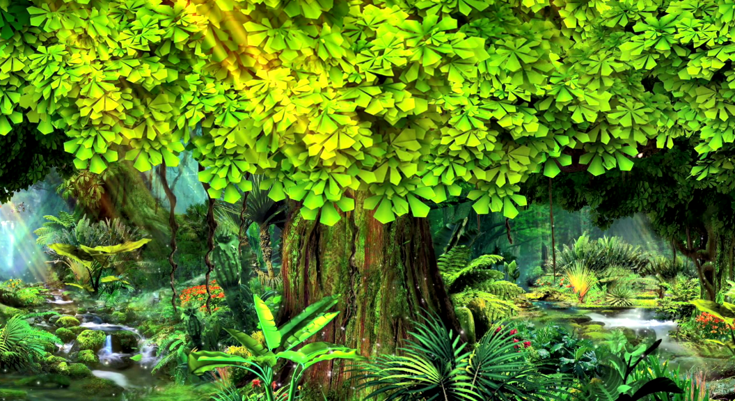 彩绘森林阳光投射树叶飘零粒子演绎梦幻特效视频素材